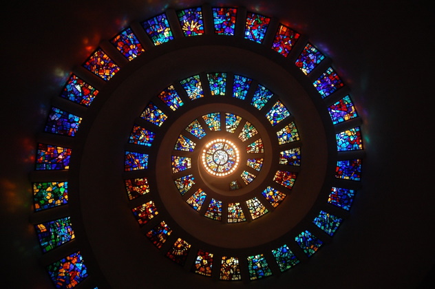 colored church-like windows in a fibonnaci spiral